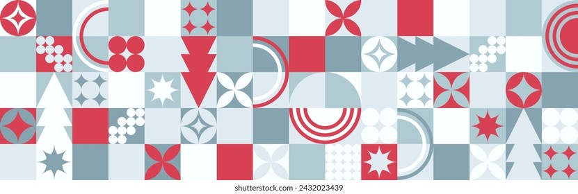 Geometric seamless pattern with winter blue patterns, Christmas trees in Scandinavian style. New Year's fashionable color pattern for textiles and wallpaper, gift design trend.