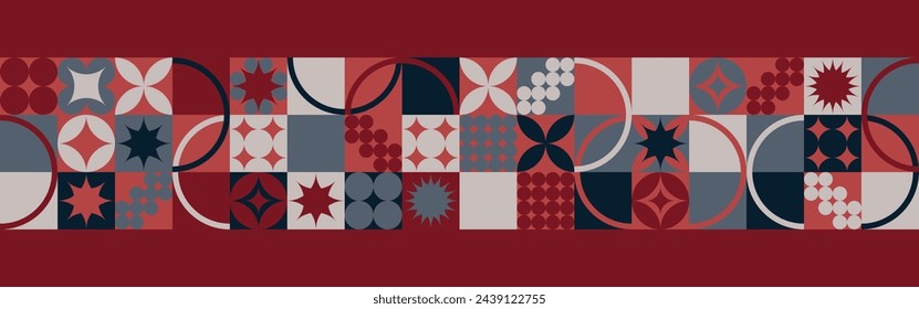 Patrón geométrico sin costuras con patrones de azul de invierno, árboles de Navidad en estilo escandinavo. Patrón de color de moda de Año Nuevo para textiles y papel pintado, tendencia de diseño de regalo.