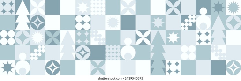 Geometric seamless pattern with winter blue patterns, Christmas trees in Scandinavian style. New Year's fashionable color pattern for textiles and wallpaper, gift design trend.