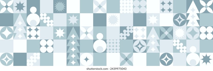 Geometric seamless pattern with winter blue patterns, Christmas trees in Scandinavian style. New Year's fashionable color pattern for textiles and wallpaper, gift design trend.