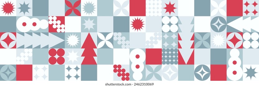 Geometrische nahtlose Muster mit winterblauen Mustern, Weihnachtsbäume im skandinavischen Stil. Neues Jahr modisches Farbmuster für Textilien und Bildschirmhintergrund, Geschenkdesign-Trend.