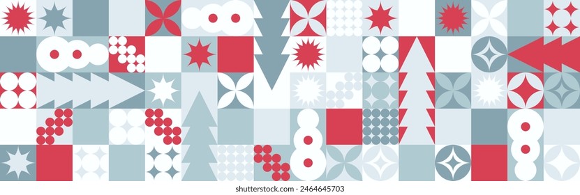 Geometric seamless pattern with winter blue patterns, Christmas trees in Scandinavian style. New Year's fashionable color pattern for textiles and wallpaper, gift design trend.