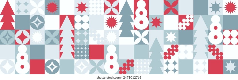 Geometric seamless pattern with winter blue patterns, Christmas trees in Scandinavian style. New Year's fashionable color pattern for textiles and wallpaper, gift design trend.