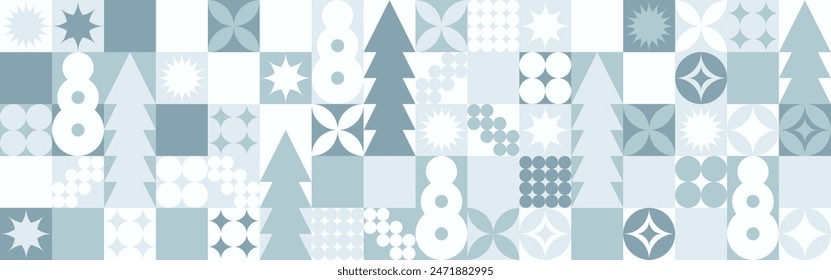 Geometric seamless pattern with winter blue patterns, Christmas trees in Scandinavian style. New Year's fashionable color pattern for textiles and wallpaper, gift design trend.