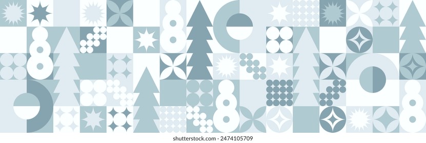 Geometric seamless pattern with winter blue patterns, Christmas trees in Scandinavian style. New Year's fashionable color pattern for textiles and wallpaper, gift design trend.