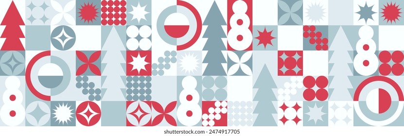 Geometric seamless pattern with winter blue patterns, Christmas trees in Scandinavian style. New Year's fashionable color pattern for textiles and wallpaper, gift design trend.