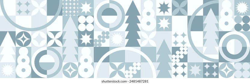 Geometric seamless pattern with winter blue patterns, Christmas trees in Scandinavian style. New Year's fashionable color pattern for textiles and wallpaper, gift design trend.