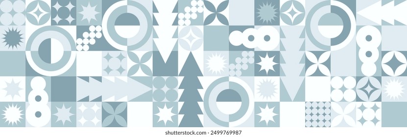 Geometric seamless pattern with winter blue patterns, Christmas trees in Scandinavian style. New Year's fashionable color pattern for textiles and wallpaper, gift design trend.