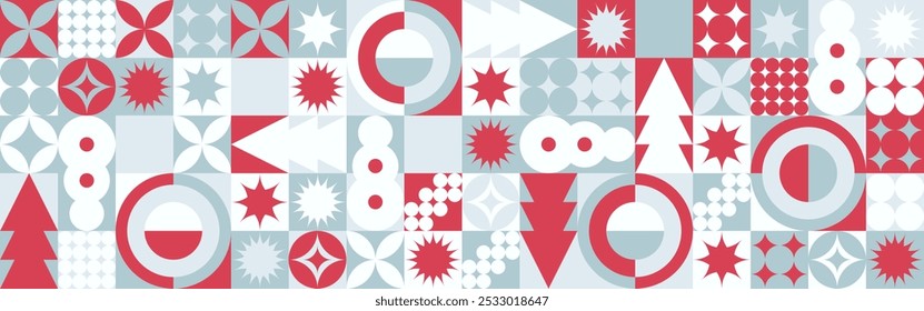 Geometric seamless pattern with winter blue patterns, Christmas trees in Scandinavian style. New Year's fashionable color pattern for textiles and wallpaper, gift design trend.