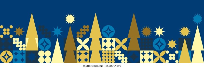 Geometric seamless pattern with winter blue patterns, Christmas trees in Scandinavian style. New Year's fashionable color pattern for textiles and wallpaper, gift design trend.