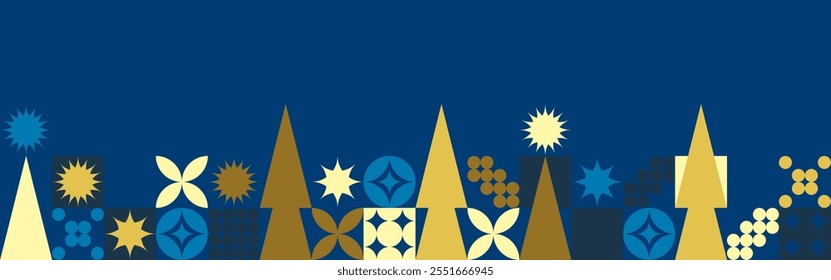 Geometric seamless pattern with winter blue patterns, Christmas trees in Scandinavian style. New Year's fashionable color pattern for textiles and wallpaper, gift design trend.