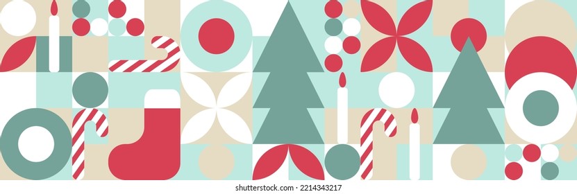 Geometric seamless pattern with winter patterns. New Year - trendy colored mosaic texture for textiles and wallpapers, Christmas symbols - Christmas tree, candles, stocking, candy cane, toys.