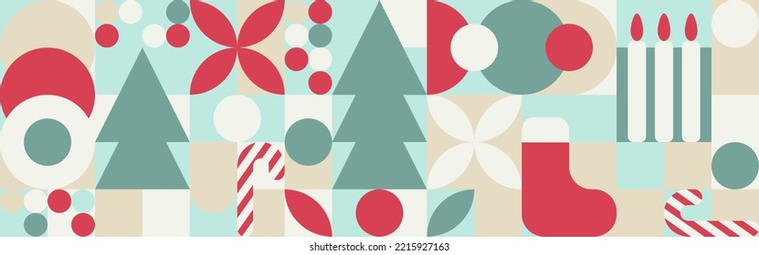 Geometric seamless pattern with winter patterns, Christmas trees in scandinavian style. New Year - trendy colored mosaic texture for textiles and wallpapers.