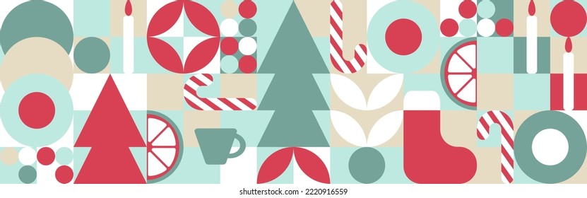 Patrón geométrico sin fisuras con patrones de invierno. Año Nuevo - textura de mosaico de moda para textiles y papel pintado, símbolos navideños - árbol de Navidad, velas, caldo, caña de caramelo, juguetes.