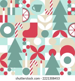 Geometric seamless pattern with winter patterns. New Year - trendy colored mosaic texture for textiles and wallpapers, Christmas symbols - Christmas tree, candles, stocking, candy cane, toys.