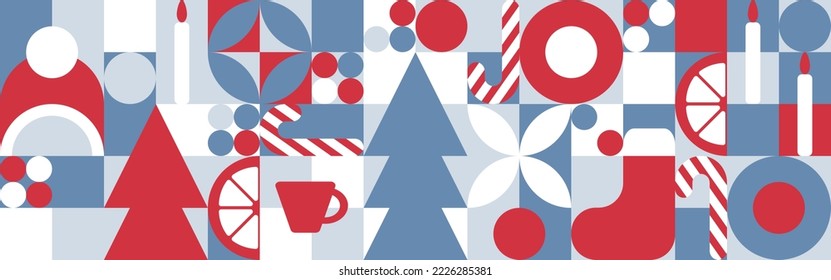 Geometric seamless pattern with winter patterns. New Year - trendy colored mosaic texture for textiles and wallpapers, Christmas symbols - Christmas tree, candles, stocking, candy cane, toys.