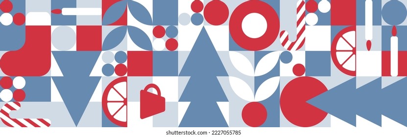 Geometric seamless pattern with winter patterns. New Year - trendy colored mosaic texture for textiles and wallpapers, Christmas symbols - Christmas tree, candles, stocking, candy cane, toys.