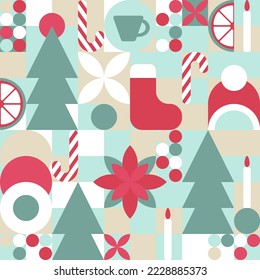 Geometric seamless pattern with winter patterns. New Year - trendy colored mosaic texture for textiles and wallpapers, Christmas symbols - Christmas tree, candles, stocking, candy cane, toys.