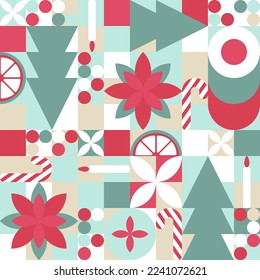 Geometric seamless pattern with winter patterns. New Year - trendy colored mosaic texture for textiles and wallpapers, Christmas symbols - Christmas tree, candy cane, toys.