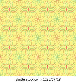 Geometric seamless pattern. Yellow background with pink and green design for wallpapers, textile and fabrics