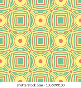 Geometric seamless pattern. Yellow background with pink and green design for wallpapers, textile and fabrics