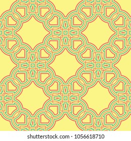 Geometric seamless pattern. Yellow background with pink and green design for wallpapers, textile and fabrics