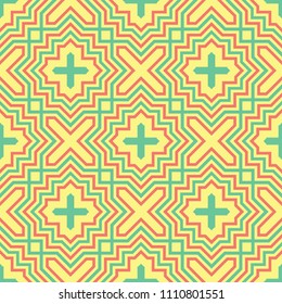 Geometric seamless pattern. Yellow background with pink and green design for wallpapers, textile and fabrics