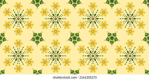 Geometric Seamless Pattern, Yellow Green Background, Ikat, Boho, Aztec, Folk, Motif, Gypsy, Arabic, Indian Style, Fabric Pattern, Batak, Tribal pattern, Ethnic Textile, Modern Cloth Pattern Design
