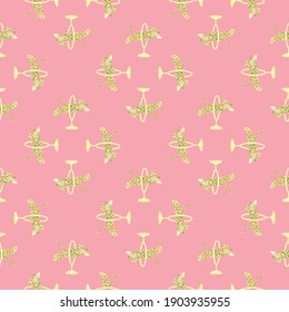 Geometric seamless pattern with yellow tiger doodle silhouettes. Pink pastel background. Vector illustration for seasonal textile prints, fabric, banners, backdrops and wallpapers.