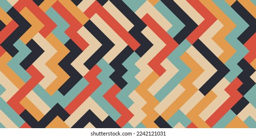 Geometric seamless pattern with zigzag stripes in a retro color palette. For prints and packaging, textiles and stylish illustrations, wallpapers and interiors.