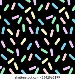 Geometric seamless pattern.Abstract repeat pattern with colorful pastel pills isolated on black background.Vector graphic illustration wallpaper.