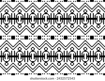 Geometrische nahtlose Muster.Pixel-Art-Design für Hintergrund, Illustration, Stoff, Kleidung, Teppich, Tapete, Textil, Batik, Stickerei, Karte, Hintergrund, Buchumschlag. Schwarz und weiß Farbe.