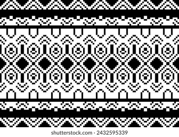 Diseño de arte geométrico sin fisuras pattern.Pixel para fondo, ilustración, tela, ropa, alfombra, papel pintado, textil, batik, bordado, tarjeta, telón de fondo, cubierta de libro sobre fondo blanco y negro.