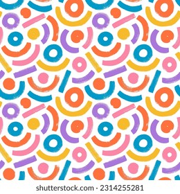 Geometric seamless patterns with arches in bright colors. Straight lines, circles and curves. Brush drawn multi colored bold arches with thick dots. Seamless backgrounds with vector curved lines.