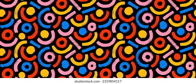 Geometric seamless patterns with arches in bright colors. Straight lines, circles and curves. Brush drawn multi colored bold arches with thick dots. Seamless backgrounds with vector curved lines.