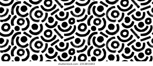 Geometric seamless patterns with arches, straight lines and circles. Brush drawn bold arches with big dots. Seamless backgrounds with vector curved lines. Vector textured geometric ornament.