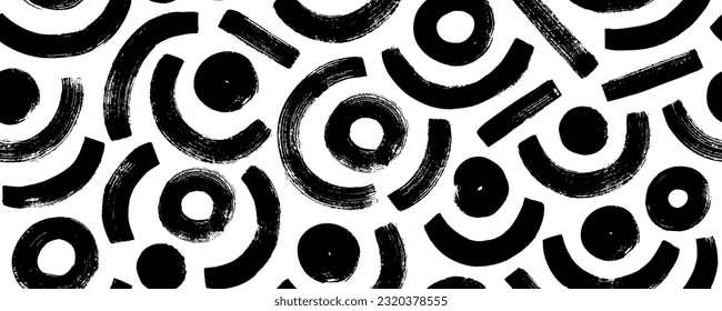 Geometric seamless patterns with arches, straight lines and circles. Brush drawn bold arches with big dots. Seamless backgrounds with vector curved lines. Vector textured geometric ornament.