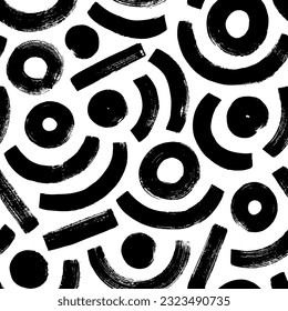 Geometric seamless patterns with arches, straight lines and circles. Brush drawn bold arches with big dots. Seamless backgrounds with vector curved lines. Vector textured geometric ornament.