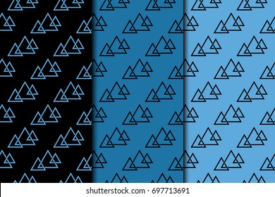 Geometric seamless patterns. Black and blue collection of vertical background for wallpapers and fabrics. Vector illustration