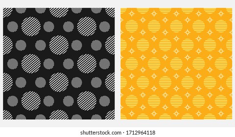 Geometric seamless patterns, black, gray and orange colors, vector