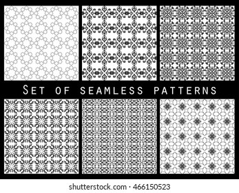 Geometric seamless patterns black and white set. Vector illustration.