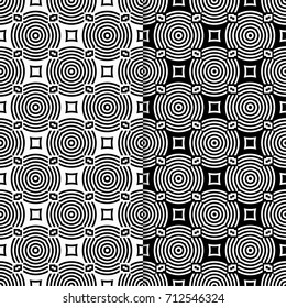 Geometric seamless patterns. Black and white monochrome backgrounds