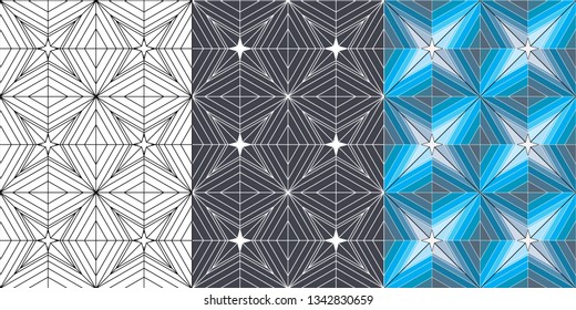 geometric seamless patterns. blue and black and white