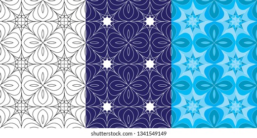 geometric seamless patterns. blue, dark blue and black and white 