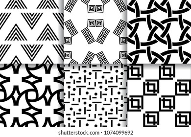 Geometric seamless patterns. Collection black and white backgrounds for textile, fabrics or wallpapers