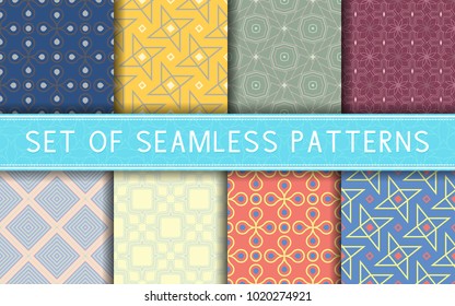 Geometric seamless patterns. Collection of colored backgrounds for textile, fabrics or wallpapers