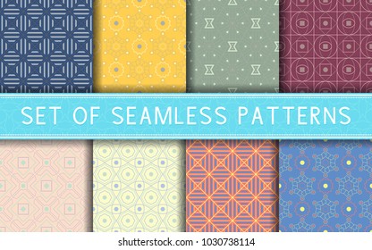 Geometric seamless patterns. Collection of colored backgrounds for textile, fabrics or wallpapers