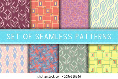 Geometric seamless patterns. Collection of colored backgrounds for textile, fabrics or wallpapers
