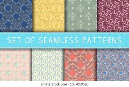 Geometric seamless patterns. Collection of colored backgrounds for textile, fabrics or wallpapers