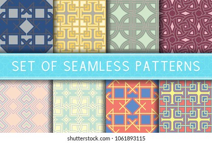 Geometric seamless patterns. Collection of colored backgrounds for textile, fabrics or wallpapers